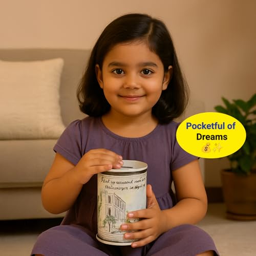 Image of Market99 Set of 2 Round Money Banks | White Tin Coin Banks with Glossy Finish & Vintage Theme Print | Decorative Piggy Banks for Kids, Adults, Home & Office | Ideal Gift & Savings Accessory