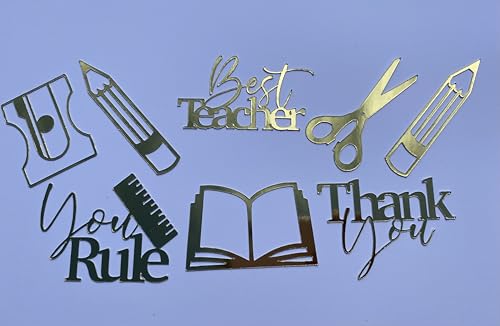 Teacher thank you cupcake toppers, Gold Mirror Cupcake Toppers Set. Best teacher, You Rule, Thank You Cupcake Decorations, 7 Pieces Set