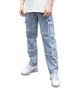 LOGEQI Men's Baggy Hip Hop Jeans Wide Leg Cargo Jeans for Men Loose Fit Streetwear Denim Pants Y2k