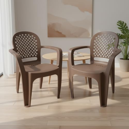 Image of Cello Crystal Armrest Plastic Chair with Matt Finish | Chairs for Home, Garden, Living Room Indoor and Outdoor Use (Colour: Rattan Beige, Set of 2)