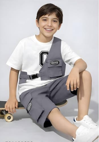 Image of Kids Boys 3-Piece Outfit Set | Half Sleeve T-Shirt, Utility Vest & Cargo Shorts with Cap | Stylish Casual Summer Clothing Set for Boys