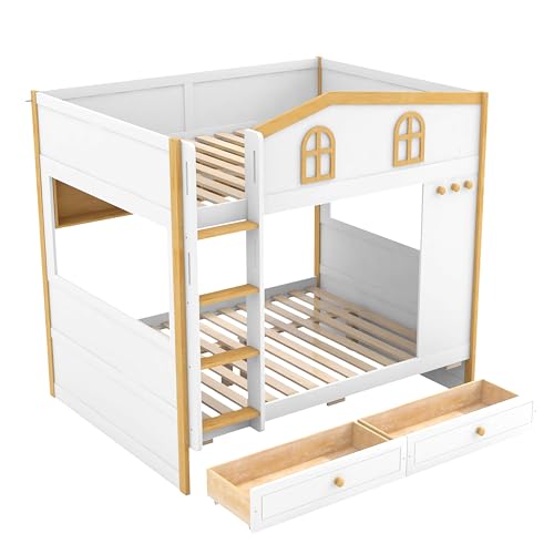 Image of Merax Full Over Full Size House Bunk Bed with Storage Shelves & 2 Drawers, Solid Wood Space-Saving Loft Bed Frame with Safety Guardrails for Bedroom, White+Natural