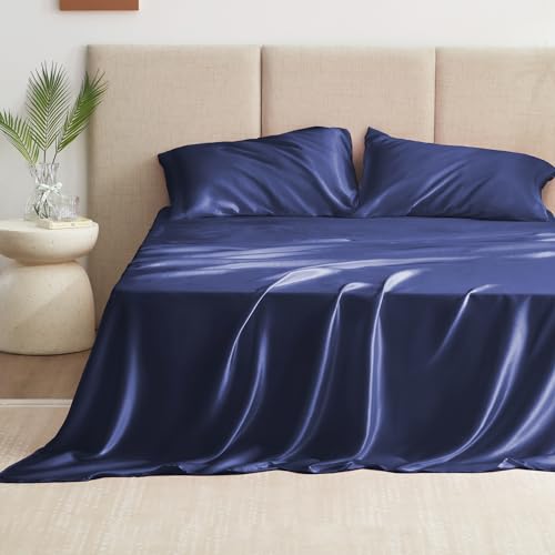 Love's cabin Twin XL Satin Sheet Sets - 3 Piece Navy Blue Silky Bed Sheets with Deep Pockets, Luxury Silk Feel Satin Sheet Set Twin XL (1 Flat Sheet,1 Fitted Sheet,1 Pillow case)