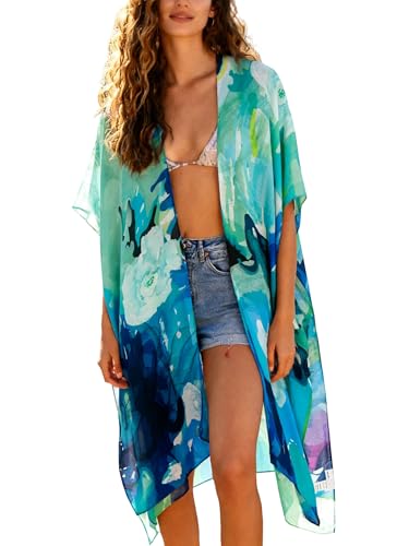 Image of Breezy Lane Women's Kimono Cardigan Summer Swimsuit Coverups Beach Cover Up with Floral Print for Vacation
