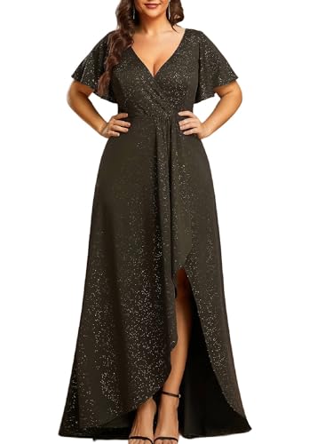 Image of Ever-Pretty Womens Glitter High Low Plus Size Cocktail Wedding Guest Dress | V-Neck, Ruffle Sleeve, High Stretch, A-Line, Front Slit, Plus Size Formal Dresses Evening Gowns