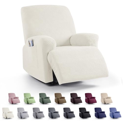 Image of KinCam Recliner Covers, Stretch Reclining Chair Covers, Recliner Sofa Slipcovers Stripe Jacquard Recliner Couch Covers Furniture Protector Covers for Pet Kid (1 Seater, Cream)