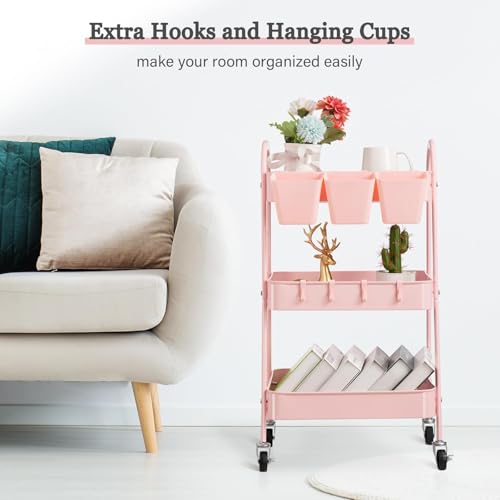 danpinera 3-Tier storage trolley, Metal storage cart with Lockable Wheels & Hanging Cups & Hooks, storage trolley on wheels for bathroom, kitchen, craft, beauty, Pink - Image 8