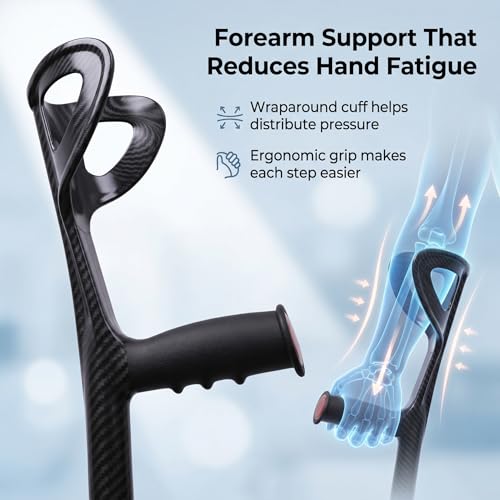 Image of Carbon Fiber Forearm Crutches for Adults, 1 Pcs, Lightweight Arm Crutches, Adjustable Elbow Crutches Height 57 inch-75 inch for 4'9 inch-6'2 inch Users, Heavy Duty with 2 Foot Pads, Up to 350 lbs
