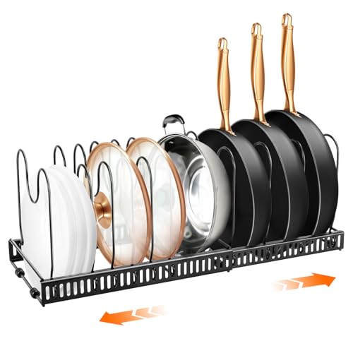 NOVANGUA Organizador de Sartenes y Ollas 2 en 1,Expandible 30–50 cm, 14 Divisores Ajustables con Ranura en U, para Gabinete o Cajón, con 6 Almohadillas