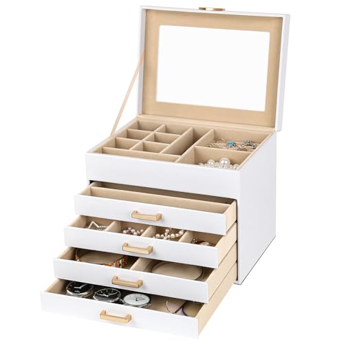 Kendal LJC4DRWH Jewelry Box, 5-Layer Jewelry Organizer Box With Glass Lid, Brass Gold And White, Heart Shaped Pu Leather, Storage Box For Necklace Earrings Rings Bracelets, Gift Idea For Girls Ljc4Drwh thumb #1