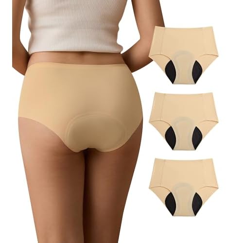 SHARICCA Seamless Period Underwear for Women - Teens Girls Heavy Flow Leak Proof Menstural Hipster Briefs Panties Pack Black/Brown Purple/Nude Small