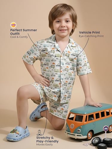 Image of POLKA TOTS Boys 100% Cotton Vacation Wear Co-ord Set | Trendy Printed Shirt & Shorts Combo for Kids | Breathable Summer Beach Outfit for Toddlers & Infants | Lightweight Daily Wear & Night Suit