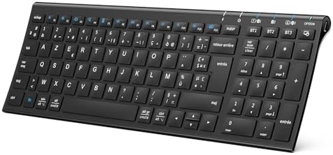 iClever Clavier Bluetooth, Clavier sans Fil, Multi-dispositifs avec 3 Canaux Bluetooth, Ultra-Mince Rechargeable, USB-C, Compatible Apple macOS, iOS, Windows