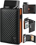 Carteras para Hombre, Tarjetero Hombre con Bloqueo RFID Magnético, Fibra de Carbon Cartera con Monedero & Compartimentos para Billetes & Ventana ID (Clásico, Negro Naranja)