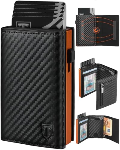 Carteras | Teehon Carteras Para Hombre, Tarjetero Hombre Con Bloqueo Rfid Magnético, Fibra De Carbon Cartera Con Monedero Compartimentos Para Billetes Ventana Id Clásico, Negro Naranja