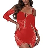 L04BABY Hollow Out Women's Off Shoulder Lace Bodycon Dress Sheer Mesh Tube Dresses for Women Half Sleeve Party Clubwear Mini Dress Underwear Red