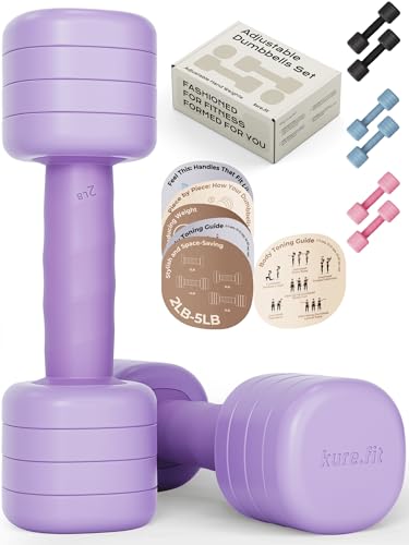 kure.fit Adjustable Dumbbell Set?2LB 3LB 4LB 5LB Light Hand Weights for Women?One-Twist Weight Adjustment?Non-Slip Curved Grip Handle?Free Weights for Home Gym, Rehab, Pilates, Yoga, Strength Training
