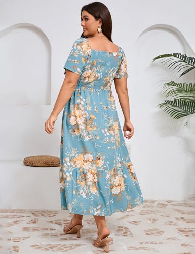 Image of ShopWonder Women Plus Size Dress Short Sleeve Square Neck Floral Maxi Pleated Ruffle A Line Long Dress