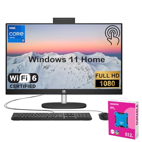 Image of HP Essential All-in-One Desktop, 27 inch FHD Touchscreen, Intel Core i7-1355U, 64GB RAM, 1TB PCIe SSD, Wi-Fi 6, Wired Keyboard & Mouse, Windows 11 Home, Black, with Adata 512GB External SSD Bundle
