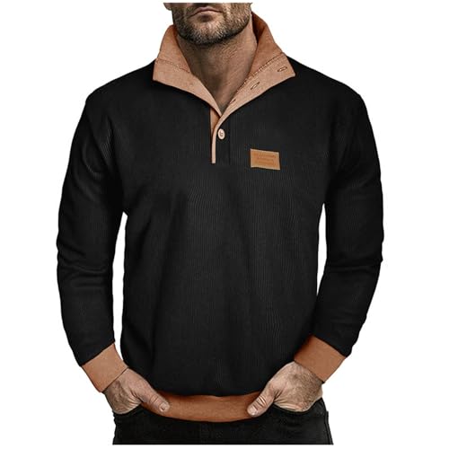 Mens Casual Corduroy Sweatshirt Long Sleeve Quarter Button Up Stand Collar Pullover Sweatshirts for Fall Winter - Main Image