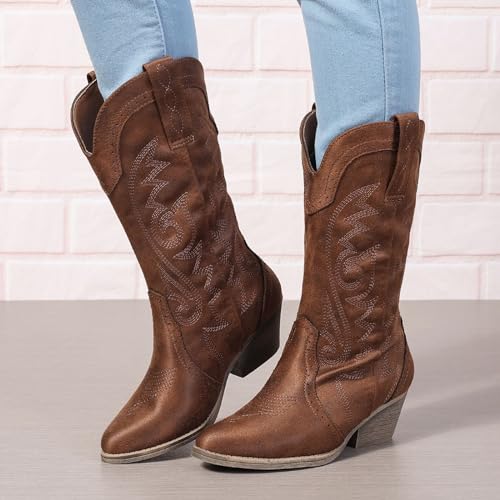 Image of SelRoys Cowboy Boots for Women Cowgirl Mid Calf Western Pointy Toe Boots Embroidered Stitched Chunky Heel Red Brown US5-11