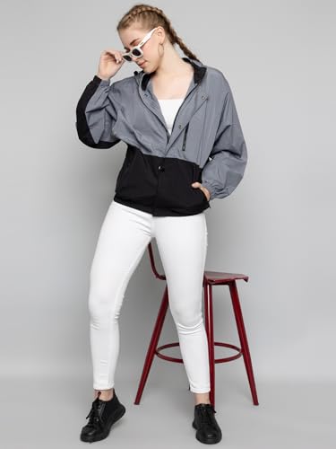 Image of CHKOKKO Womens Stylish Oversized Windcheater Jacket with Zip Closure Lightweight Sportswear for Running Travel Hiking Outdoor and Rainy Season Wear GreyBlack 3XL