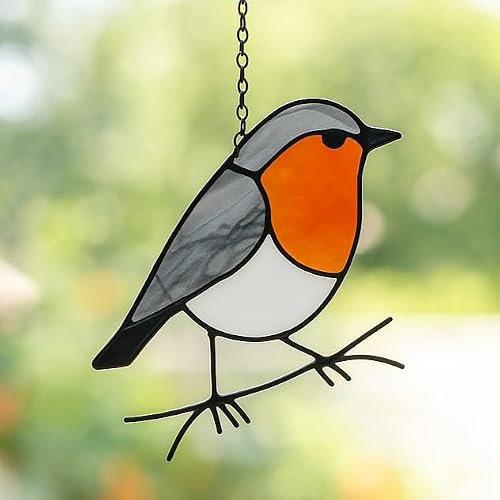 Handcrafted Stained Glass Robin Bird Suncatcher, Decorative Window Hanging