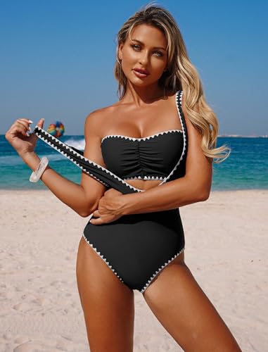 Image of ZAFUL Bikini Sets for Women Color Block Ruched Bandeau Bikini V Neck Tummy Control Swimsuit Romper 2 Piece Bathing Suit