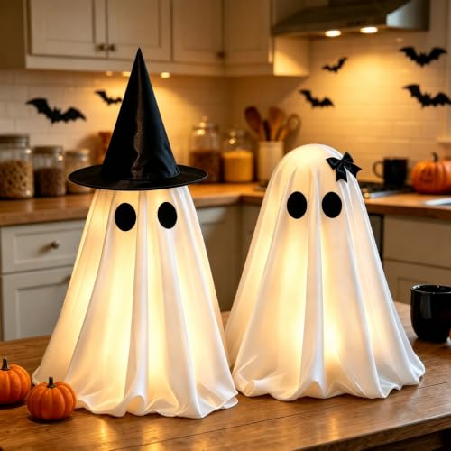 Halloween Decorations Indoor, 2 Pack Light Up Ghost Couple | Witch hat and bow ghost duo with warm LED glow for mantels and tables. Requires 4 AA batteries (not included) - image 4