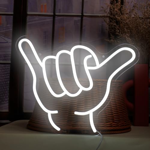 Image of Neon Signs Shaka Hand Gesture Hang Hand Symbol LED Light for Wall Decor Aloha Hawaiian Greeting Lamp inch15.7x12.4 inch for Home Bedroom Restaurants Retail Shops Bar Party(White)