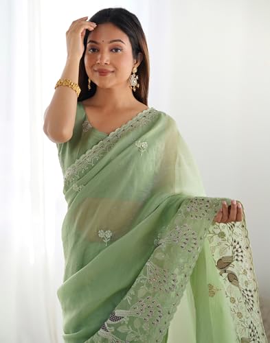 Image of SIRIL Women's Silk Blend Sequence Embroidery Saree With Unstitched Blouse Piece for Wedding and Parties
