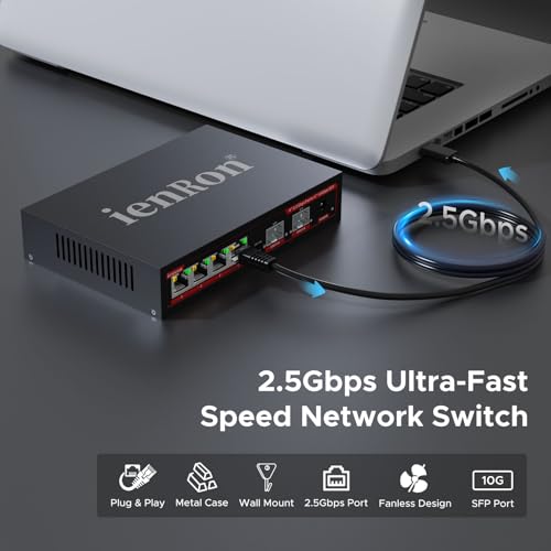 Image of 6 Port 2.5G Switch,ienRon 4 Port 2.5G with 2x10G SFP+ Ports | Ultra-Fast Speed | Plug & Play | Fanless Silent | VLAN |Desktop /Wall Mount | Ideal for Gaming /NAS, 4K /8K Streaming Home Office