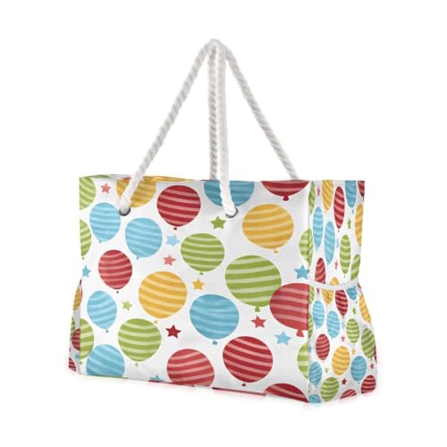 Large Beach Bags Totes Canvas Tote Shoulder Bag Striped Balloons Water Resistant Bags for Gym Travel Daily