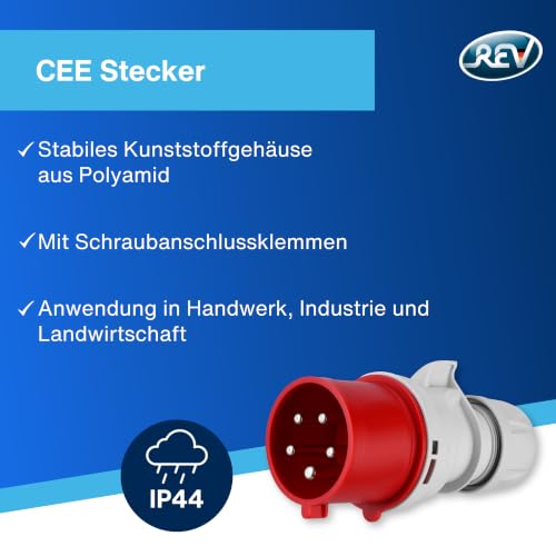 REV CEE-Stecker, 400V, 32A, 5-polig, 3Ph+N+PE, wasserdicht IP44, rot – Ansicht 2