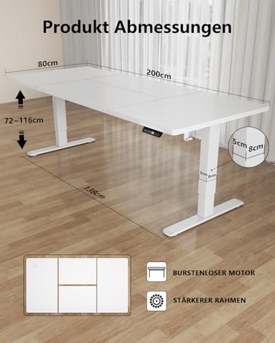 Flamaker Höhenverstellbarer Schreibtisch 200 x 80 cm mit 18 mm Tischplatte – Ansicht 6
