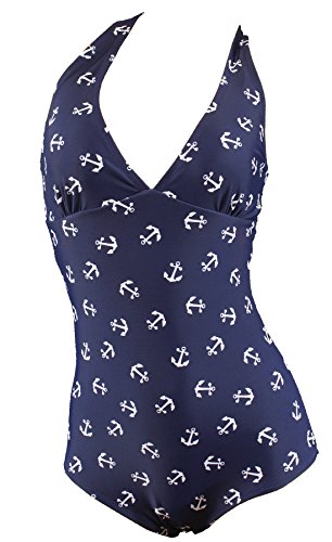 Aloha-Beachwear Maillot de bain pour femme Ancre vintage à pois Bleu et blanc A6057_P, Bleu/blanc, XL Cover