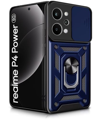 Image of WOW IMAGINE Tough Armor Bumper Mobile Back Case for Realme P4 Power 5G | Narzo Power 5G | Sliding Camera Cover | Shock Proof 360 Protection | Hybrid PC + TPU | Ring Holder with Kickstand - Blue