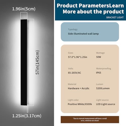 Image of 2 Pack 57inch Modern Outdoor Wall Lights, Long Strip Exterior LED Wall Sconce, 6000K Cold White, IP65 Waterproof, 50W, Black Outside Lighting Fixture for Porch, Garden, Fence, Balcony