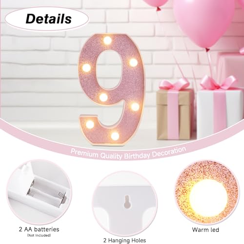 Image of LED Marquee Numbers, Small Light Up Numbers for Party, 8.58 Inch Battery Powered Lighted Number for Birthday, Night Light, Table or Home Decor (Pink Glitter, Number 9)