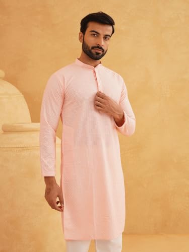 Image of Sojanya (Since 1958 Men'S Geometric Embroidered Thread Work Cotton Straight Long Kurta