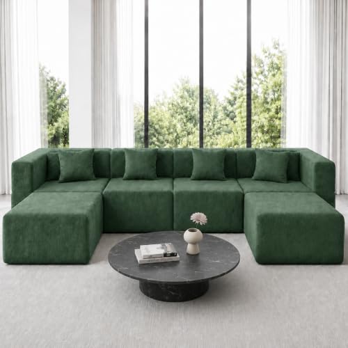 Image of MONVANE 130 inch U-Shaped 6 Seat Modular Sectional Cloud Couch, Forest Green | Sectional Couches for Living Room, High Supportive Backrests, Movable Ottomans, Deep Seat, No Assembly Required