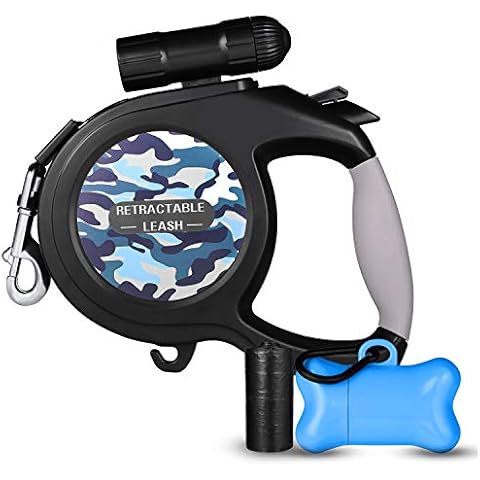 Retractable Dog Leash, 26 ft Dog Walking Leash for Medium Large Dogs up to 110lbs, LED Light &Dog Waste Dispenser Bags included, Tangle Free, One Button Break & Lock, Blue Pattern Cover