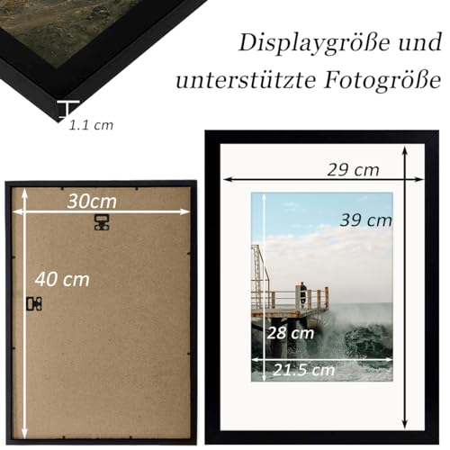 RUN HELIX Bilderrahmen 30x40 Schwarz – rahmen 30x40 cm mit bruchsicherem Acrylglas und Passepartout - Leichtgewicht 30x40 cm bilderrahmen für Poster, Bilder, Diplome - Wand Dekoration