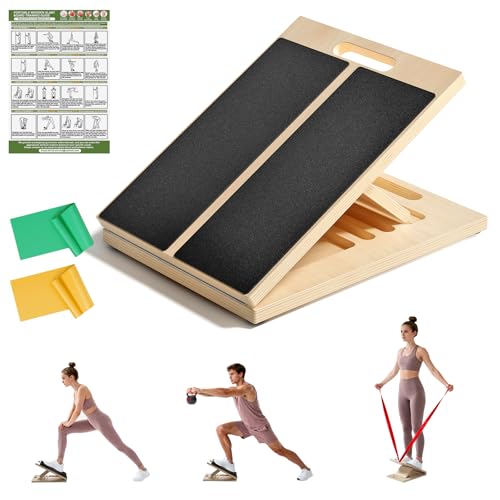 Slant Board for Calf Stretching, Adjustable Portable Wooden Board with 2 Resistance Bands & Training Poster,300 lbs Weight Capacity Calf Stretch Wedge for Legs, Knees & Flexibility Training
