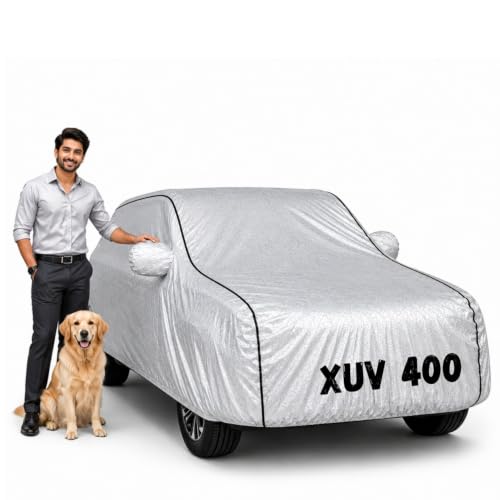 Image of Waterproof Car Cover for XUV 400 | Soft Cotton Lining Heavy Duty Triple Stitched Heat Resistant Outdoor Cover Comes with Mirror and Antenna Pocket Full Bottom Elastic (Zig Zag Silver)