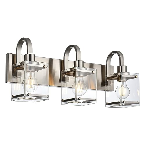 Image of 3-Light Bathroom Vanity Light Fixtures, Modern Vanity Lights with Clear Glass Shade Wall Light Brushed Nickel Wall Sconce Lighting for Living Room, Bedroom Kitchen Farmhouse