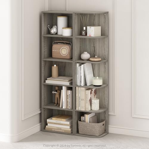 Image of Furinno Reed Corner Shelf, 5-Tier Corner Bookshelf, Book Shelf, Corner Shelves, Storage Rack, for Organization and Storage, Home Office, Living Room, French Oak