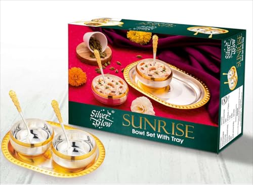 Image of Silverglow Sunrise Serving Set | Gold & Silver Finished Bowl Set of 5 | Dry Fruits, Snacks containers | Serving Tray Bowl Set | Tableware Set | Perfect Diwali, Office, Wedding Return Gift