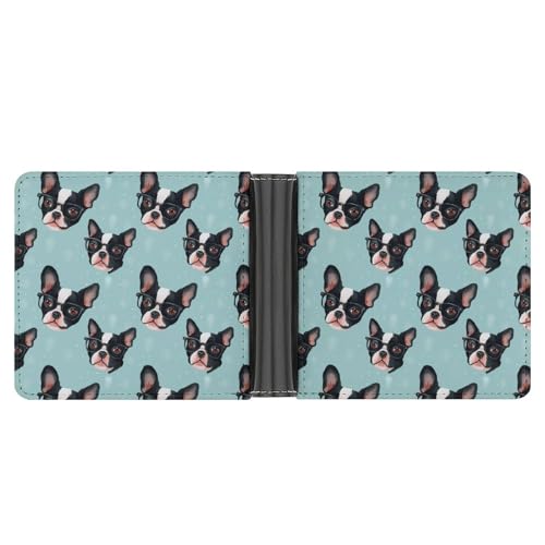 Boston Terrier Puppy with Glasses Funny Billfold Wallet Credit Card Holder Slim Passcase Pouch Purse for Men Women