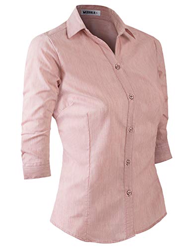 Doublju Womens Slim Fit Plain Classic 3/4 Sleeve Button Down Collar Shirt Blouse Peachheather M #TOP1